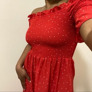Red, Polka Dot Off-the-Shoulder Midi Dress